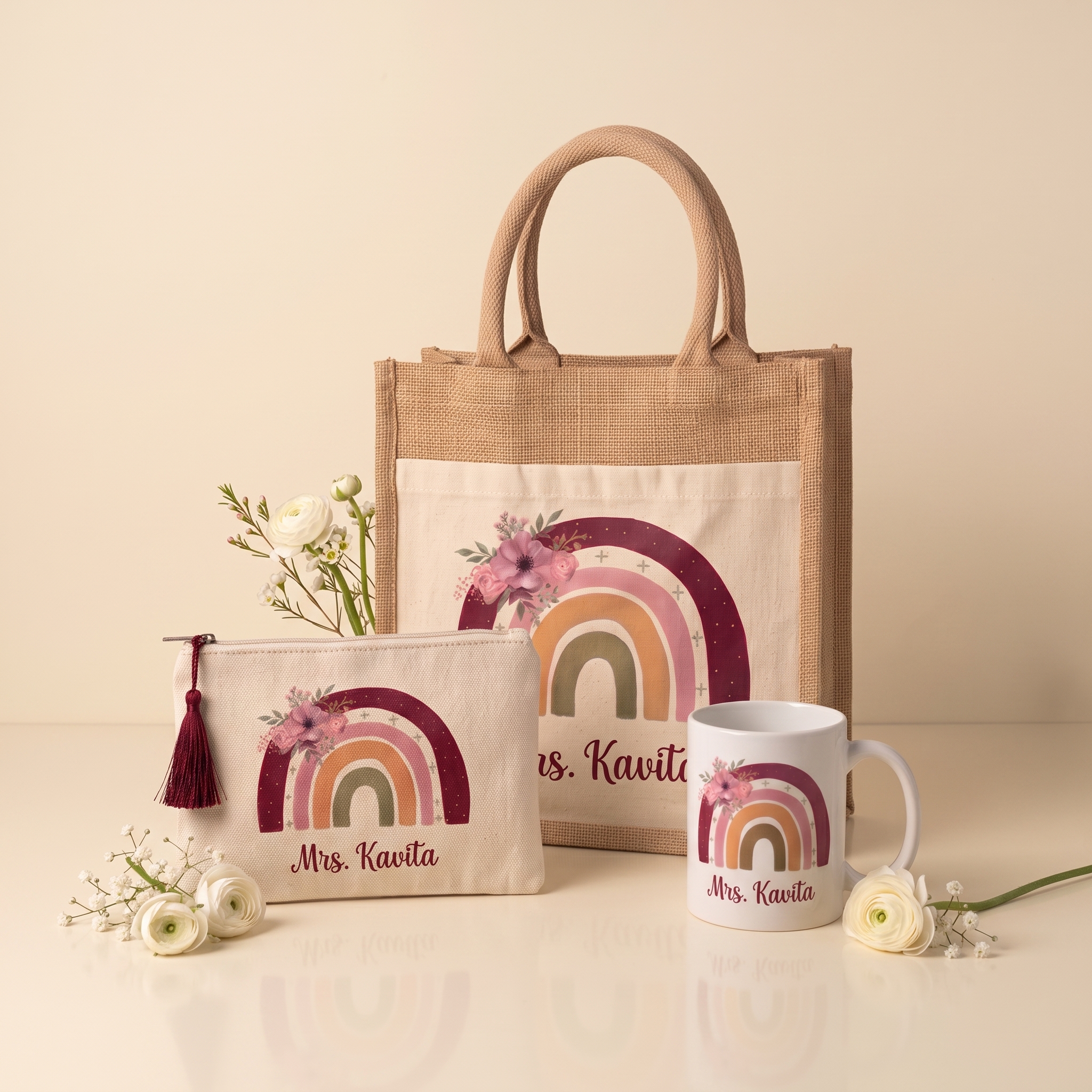 Personalized Rainbow Gift Set | Custom Tote Bag, Pouch & Mug